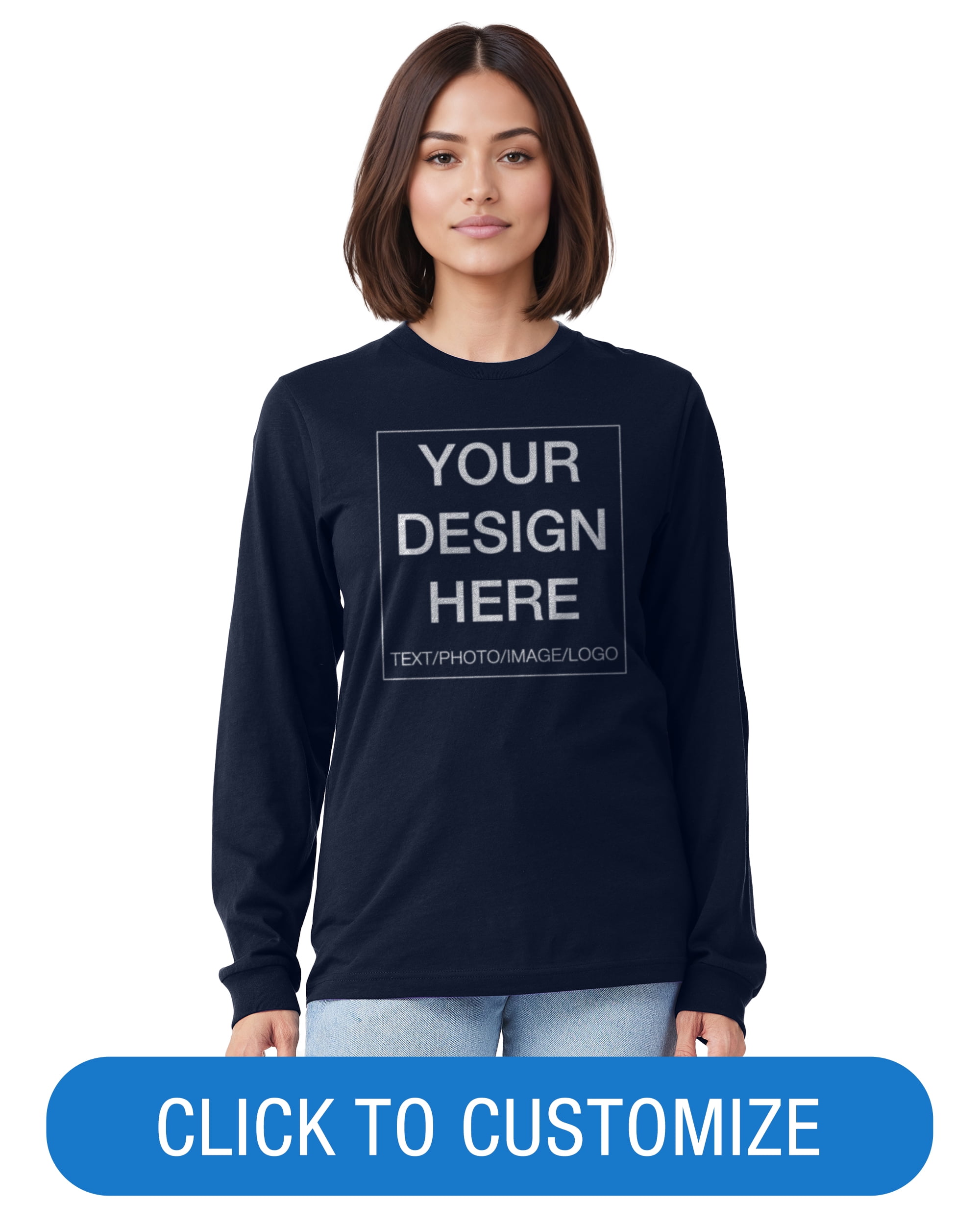 BELLA+CANVAS Adult Long Sleeve Personalized T-Shirt, Create Your Own Designs, Navy, Small, Unisex