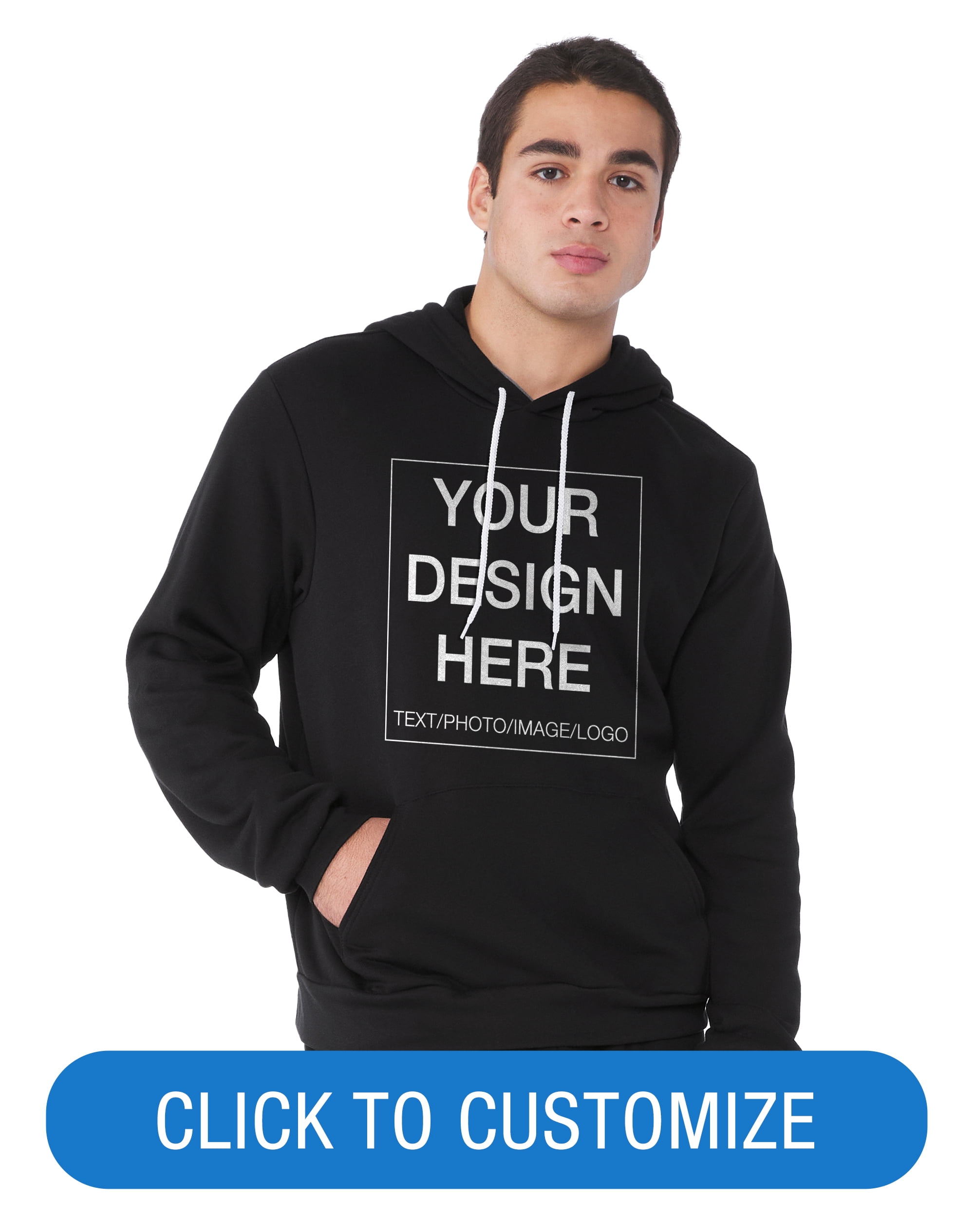 BELLA+CANVAS Adult Pullover Personalized Hoodie, Create Your Own Designs, Black, Small, Unisex