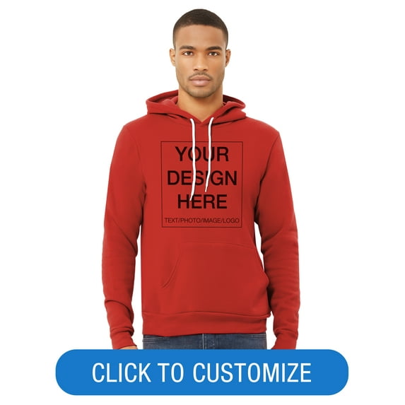 BELLA+CANVAS Adult Pullover Personalized Hoodie, Create Your Own Designs, Red, Medium, Unisex