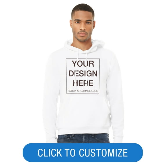 BELLA+CANVAS Adult Pullover Personalized Hoodie, Create Your Own Designs, White, Small, Unisex