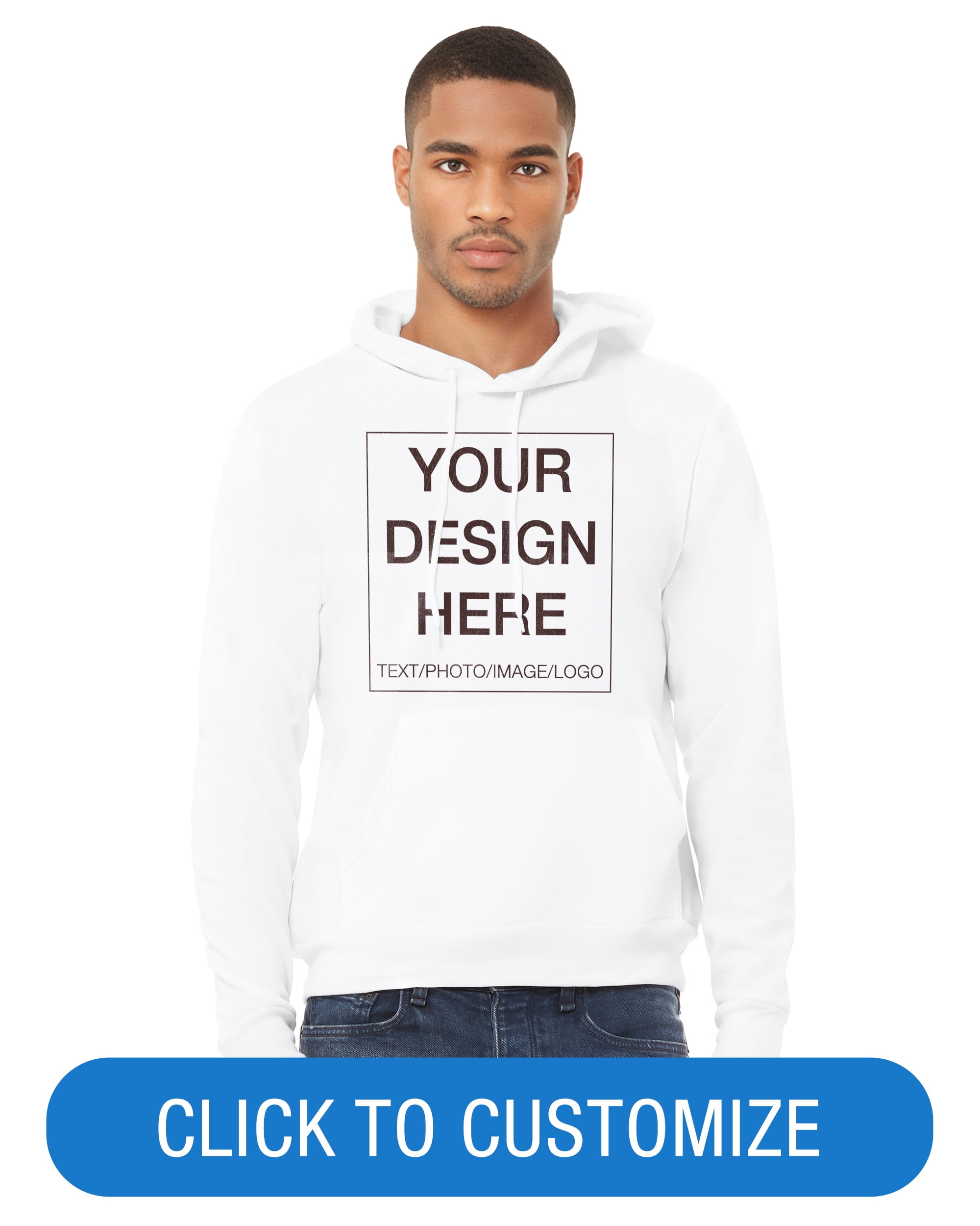 BELLA+CANVAS Adult Pullover Personalized Hoodie, Create Your Own Designs, White, XL, Unisex