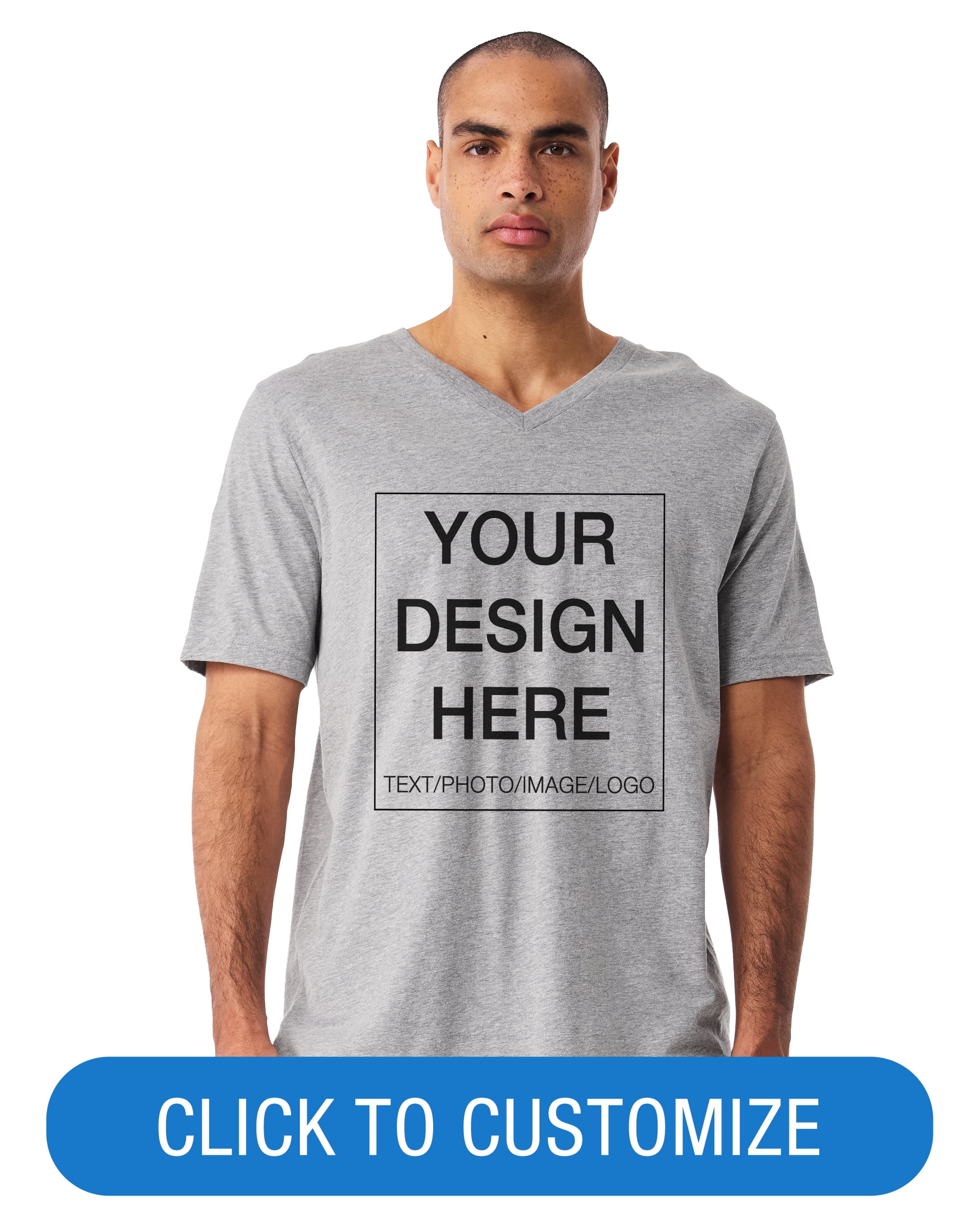BELLA+CANVAS Adult Short Sleeve V-Neck Personalized T-Shirt, Create your own Designs, Athletic Heather, Grey, Extra Large, Unisex