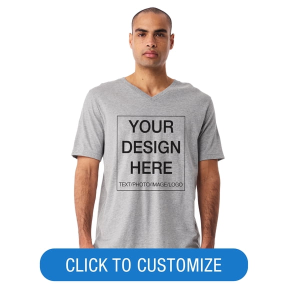 BELLA+CANVAS Adult Short Sleeve V-Neck Personalized T-Shirt, Create your own Designs, Athletic Heather, Grey, Extra Large, Unisex