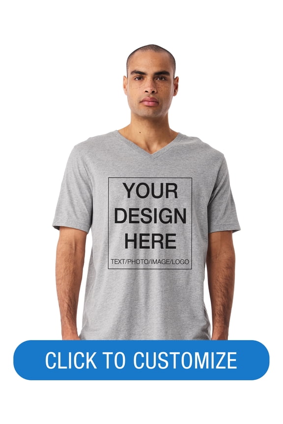 Adult Short Sleeve V-Neck Personalized T-Shirt, Create your own Designs, Athletic Heather, Grey, Small, Unisex