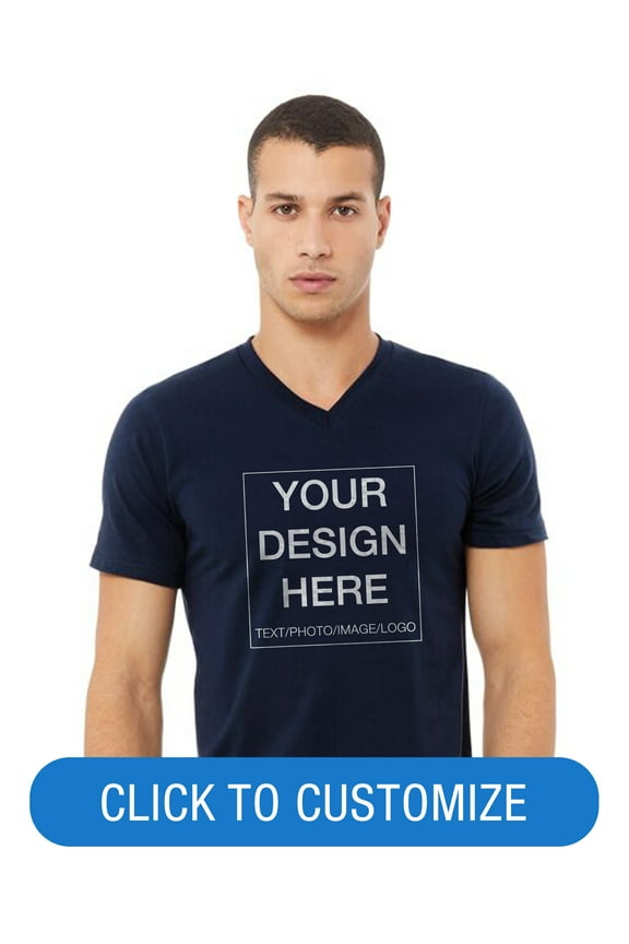 Adult Short Sleeve V-Neck Personalized T-Shirt, Create your own Designs, Navy, Medium, Unisex