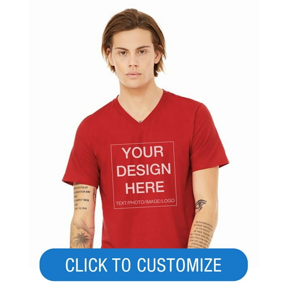 BELLA+CANVAS Adult Short Sleeve V-Neck Personalized T-Shirt, Create your own Designs, Red, Medium, Unisex
