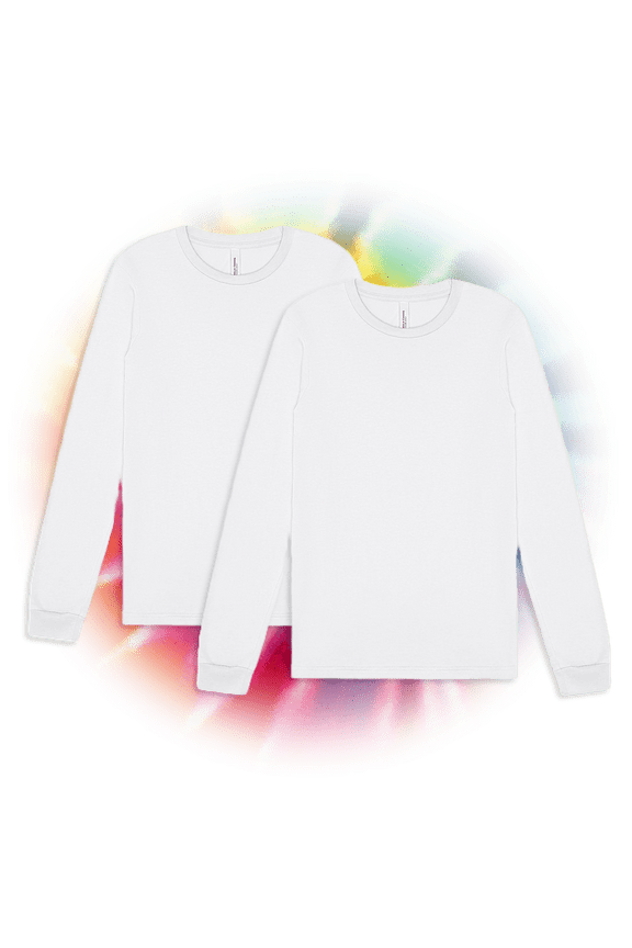 Adult Unisex Long Sleeve Crew T-Shirt for Tie-Dyeing, 2-Pack, Large, White