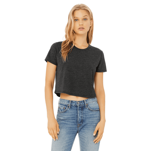 BELLA + CANVAS Flowy Crop Tee for Women, Short Sleeve Crewneck T-Shirt, Dark Grey Heather, S