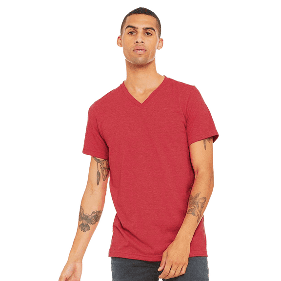 BELLA   CANVAS Heather CVC T-Shirt for Men, Short Sleeve V-Neck Cotton Poly Tee, Heather Red, M