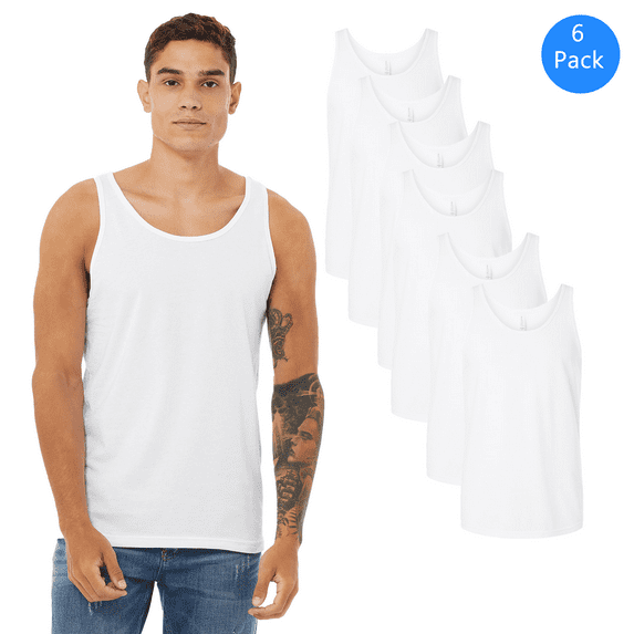 BELLA + CANVAS Heather CVC Tank, Men's Pre-shrunk Garment Tank Top, White Pack-6 Size-S