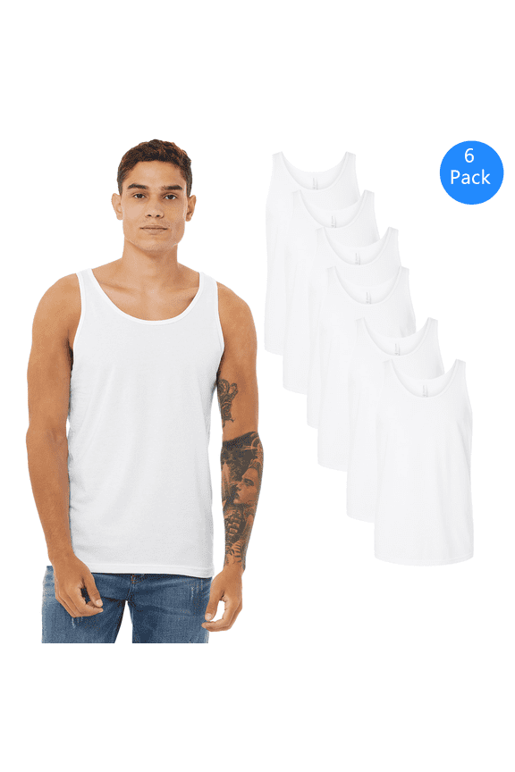 BELLA + CANVAS Heather CVC Tank, Men's Pre-shrunk Garment Tank Top, White Pack-6 Size-S