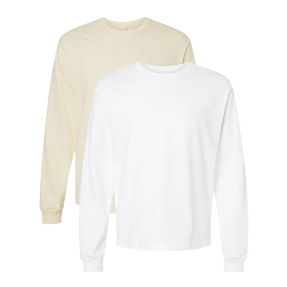 BELLA + CANVAS Heavyweight Long Sleeve T-Shirts,100% Ring-spun Cotton Crewneck Tee Shirts for Men (White+Naturel 2 Pack, 2XL)