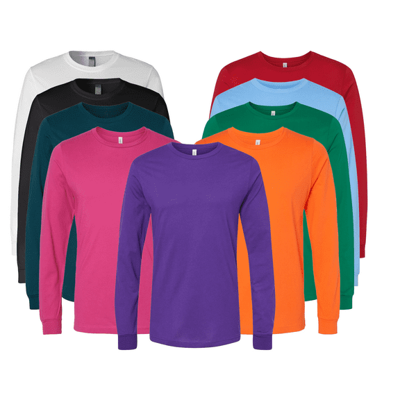 BELLA + CANVAS Jersey Long Sleeve T-Shirt for Men, Classic Fit Crew Neck 100% Ring-Spun-Cotton Jersey Long Tee, (Assorted Color, 9 Pack, 3XL)