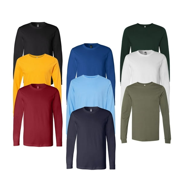 BELLA + CANVAS Jersey Long Sleeve T-Shirt for Men, Crew Neck, Assorted Color, Pack of 9, S