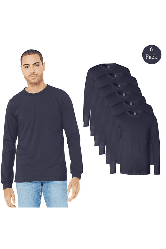 BELLA + CANVAS Jersey Long Sleeve T-Shirt for Men, Rib cuffs Crewneck Bulk Tee, Navy, 6 Pack, 3XL