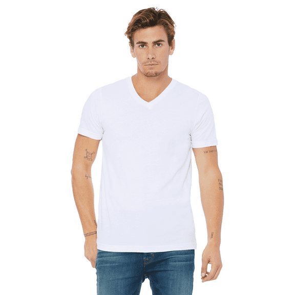 BELLA + CANVAS Jersey V-Neck T-Shirt for Men, Short Sleeve Cotton Tee, White, Size-2XL