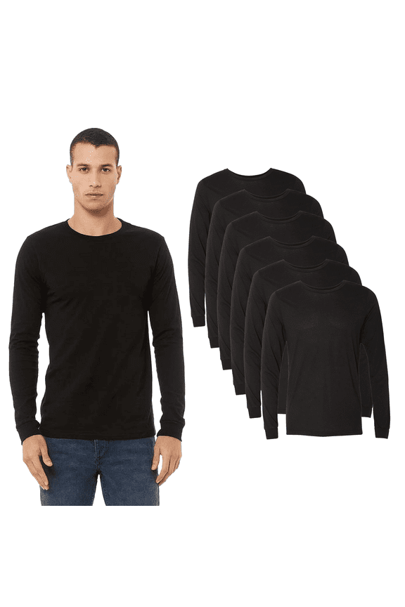 BELLA + CANVAS Long Sleeve T Shirt for Men, Crewneck 3.8 Oz Solid Black Triblend Casual Tees 6 Pack, M Size