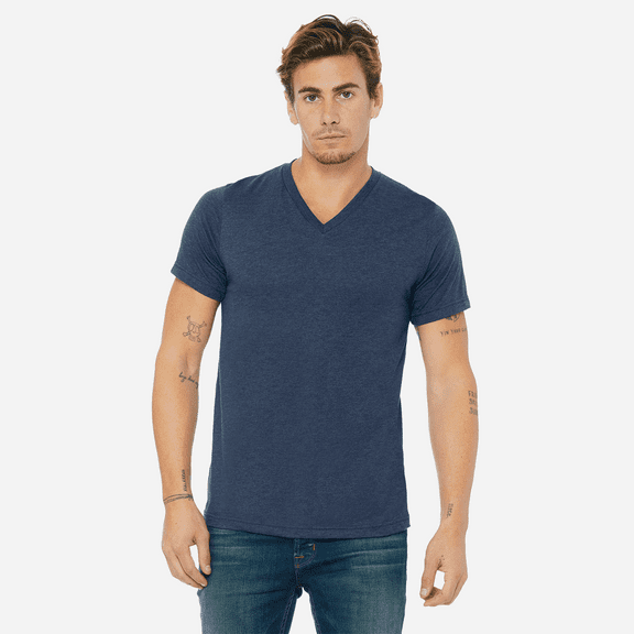 BELLA CANVAS Men Heather CVC T-Shirt, Short Sleeve V-Neck Cotton Poly Tee, Heather Navy, 3XL