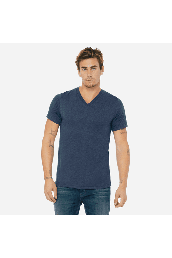 BELLA + CANVAS Men Heather CVC T-Shirt, Short Sleeve V-Neck Cotton Poly Tee, Heather Navy, 3XL