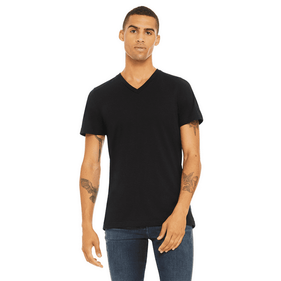 BELLA   CANVAS Men Heather CVC T-Shirt, Short Sleeve V-Neck Cotton Poly Tee, Solid Black Blend, L