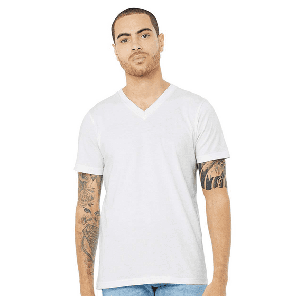 BELLA   CANVAS Men Heather CVC T-Shirt, Short Sleeve V-Neck Cotton Poly Tee, Solid White Blend, XL