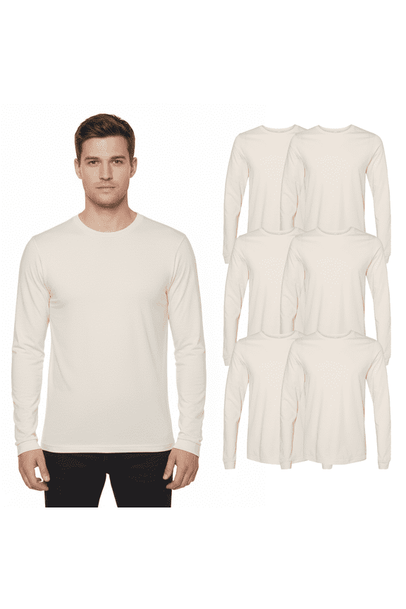 BELLA + CANVAS Men Jersey Crewneck T-Shirt, Long Sleeve Natural Tee Bulk, 6 pack, L