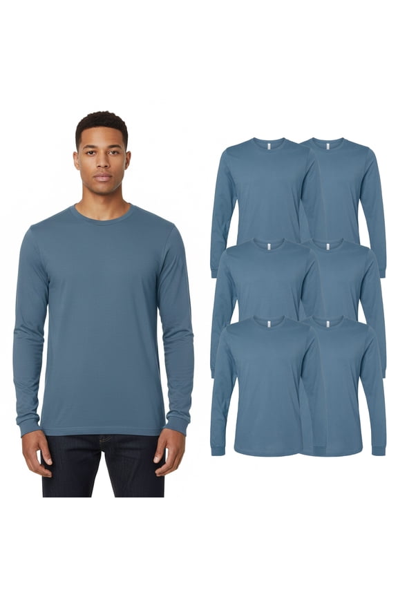 Men Jersey Long Sleeve T-Shirt, Crewneck Steel Blue 6 Pack Bulk Tee, XL