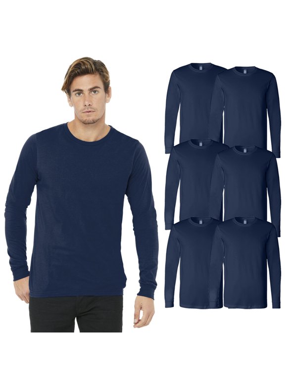 BELLA + CANVAS Men Jersey Long Sleeve Tee, Crewneck Navy 6 Pack Bulk T-Shirt, 3XL