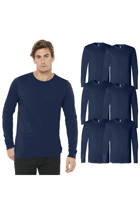 BELLA + CANVAS Men Jersey Long Sleeve Tee, Crewneck Navy 6 Pack Bulk T-Shirt, S