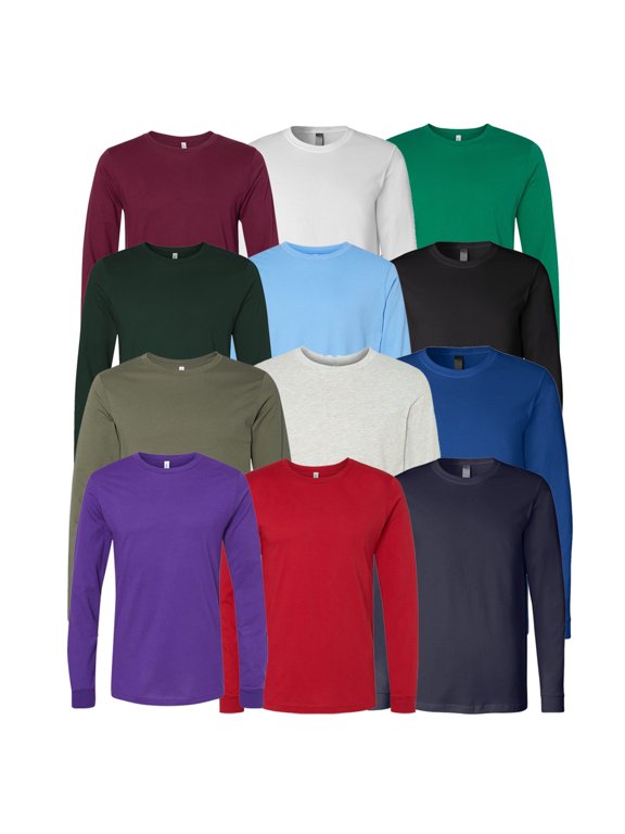 BELLA + CANVAS Men Long Sleeve Jersey Tee, Crew Neck Assorted Color Blank T-Shirt, 3XL, 12 Pack