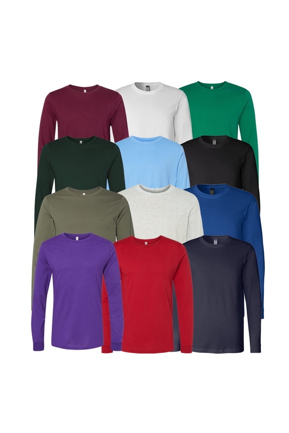 BELLA + CANVAS Men Long Sleeve Jersey Tee, Crew Neck Assorted Color Blank T-Shirt, M, 12 Pack