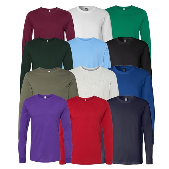 BELLA + CANVAS Men Long Sleeve Jersey Tee, Crew Neck Assorted Color Blank T-Shirt, S, 12 Pack