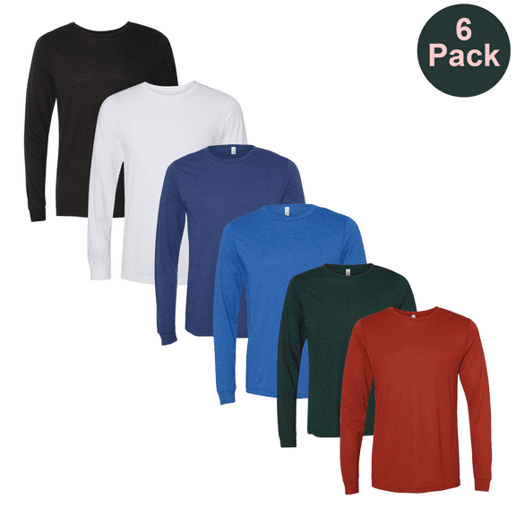BELLA + CANVAS Men Triblend Long Sleeve T-Shirt, Crew Neck Assorted Color Printable Tee, 6-Pack, S