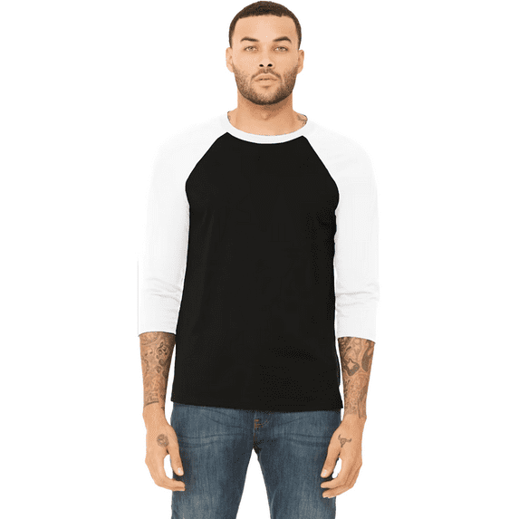 BELLA + CANVAS Men's Baseball T-Shirt, 3/4 Sleeve Raglan Tee, Soft Cotton Blend, Black/ White, S