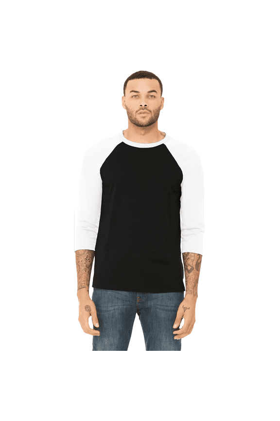 BELLA + CANVAS Men's Baseball T-Shirt, 3/4 Sleeve Raglan Tee, Soft Cotton Blend, Black/ White, XL