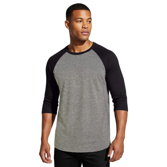 BELLA + CANVAS Men's Baseball T-Shirt, 3/4 Sleeve Raglan Tee, Soft Cotton Blend, Deep Heather/ Black, S