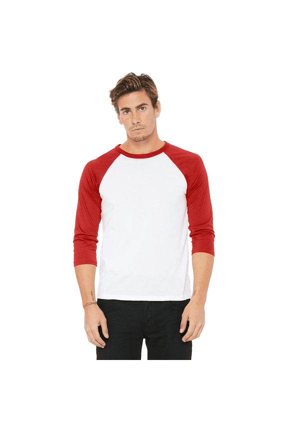 BELLA + CANVAS Men's Baseball T-Shirt, 3/4 Sleeve Raglan Tee, Soft Cotton Blend, White/ Red, M