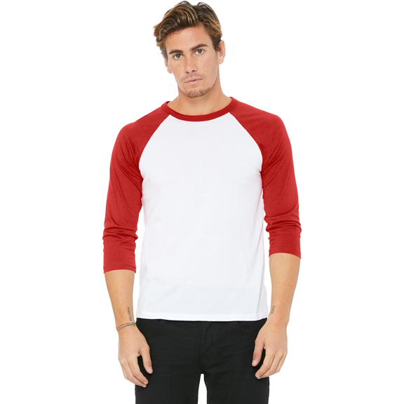 BELLA + CANVAS Men's Baseball T-Shirt, 3/4 Sleeve Raglan Tee, Soft Cotton Blend, White/ Red, S