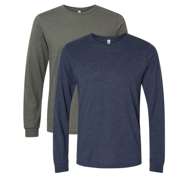 BELLA CANVAS Men’s Heavyweight Long Sleeve T-Shirt 52/48 Ring-Spun Cotton/Polyester Crewneck Heavy Casual Tee (Heather-Forest Heather-Midnight-Navy 2 Pack, L)