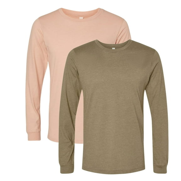 BELLA CANVAS Men’s Heavyweight Long Sleeve T-Shirt 52/48 Ring-Spun Cotton/Polyester Crewneck Heavy Casual Tee (Heather-Olive Heather-Peach 2 Pack, L)
