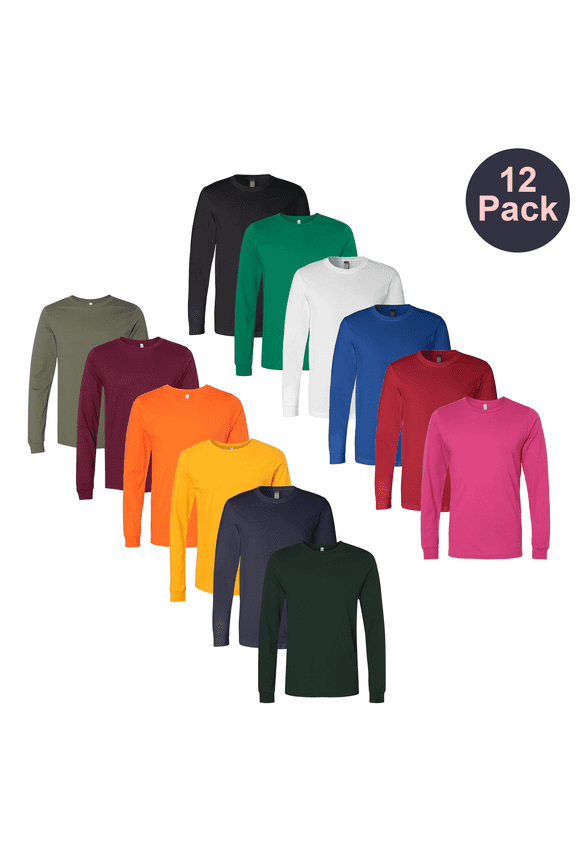 BELLA + CANVAS Men's Jersey Long Sleeve T-Shirt, Soft Comfortable Multicolor Blank Tee, 12 Pack, M