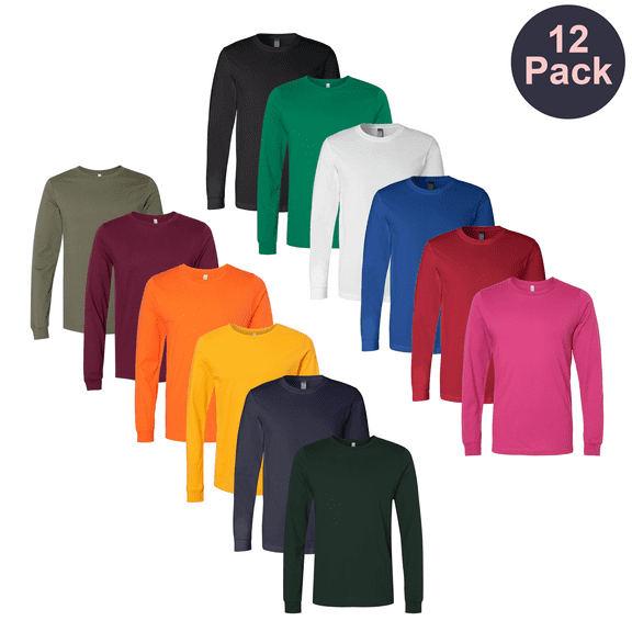 BELLA   CANVAS Men's Jersey Long Sleeve T-Shirt, Soft Comfortable Multicolor Blank Tee, 12 Pack, XL