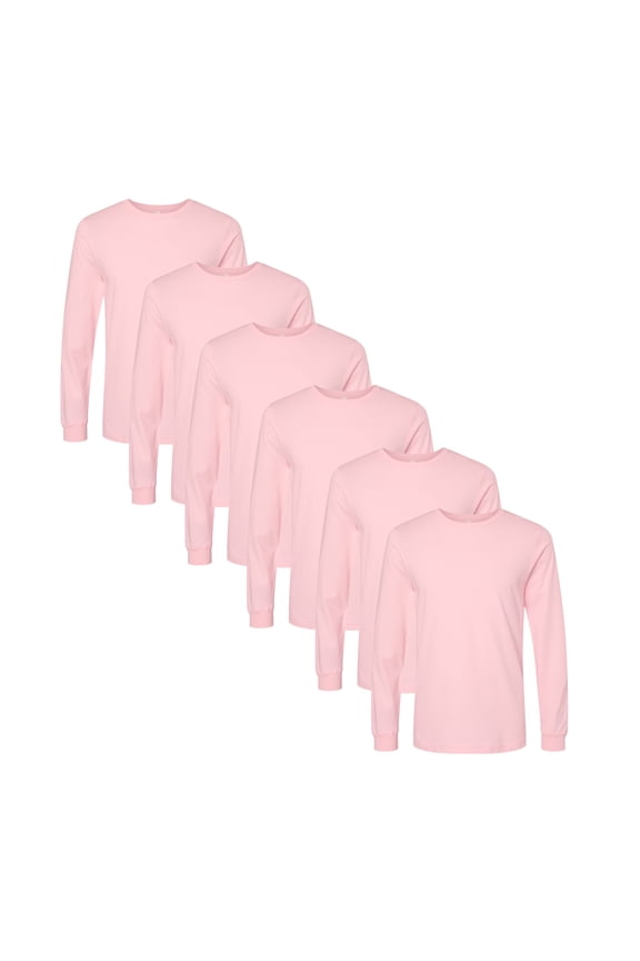 BELLA CANVAS Men's Jersey Long Sleeve Tee, 6-Pack Crewneck Jersey Shirt, Pink Cotton T-Shirts, 3XL