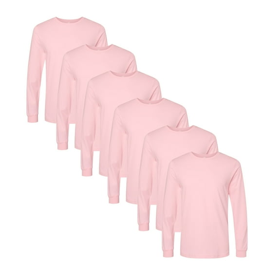 BELLA CANVAS Men's Jersey Long Sleeve Tee, 6-Pack Crewneck Jersey Shirt, Pink Cotton T-Shirts, S