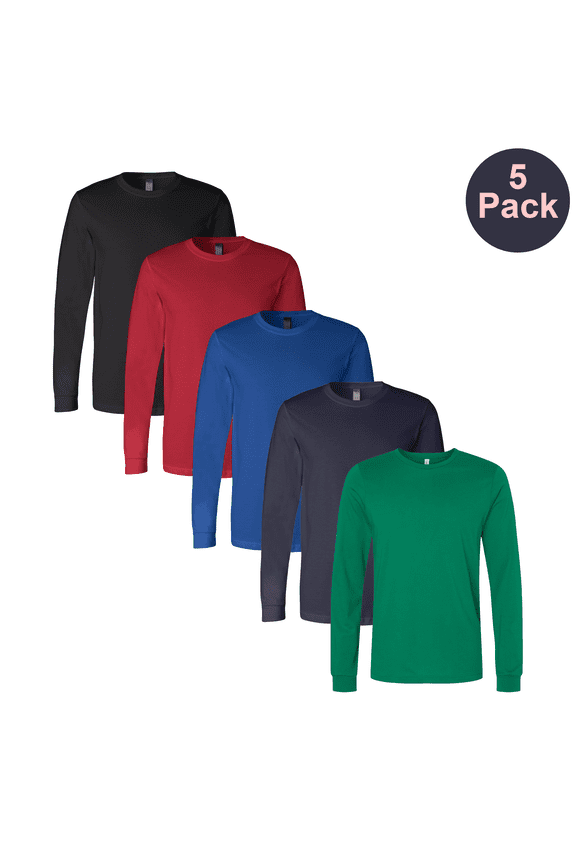 BELLA + CANVAS Men's Jersey T-Shirt, Long Sleeve Crew Neck Assorted color Comfort Tee, 5-Pack, 3XL