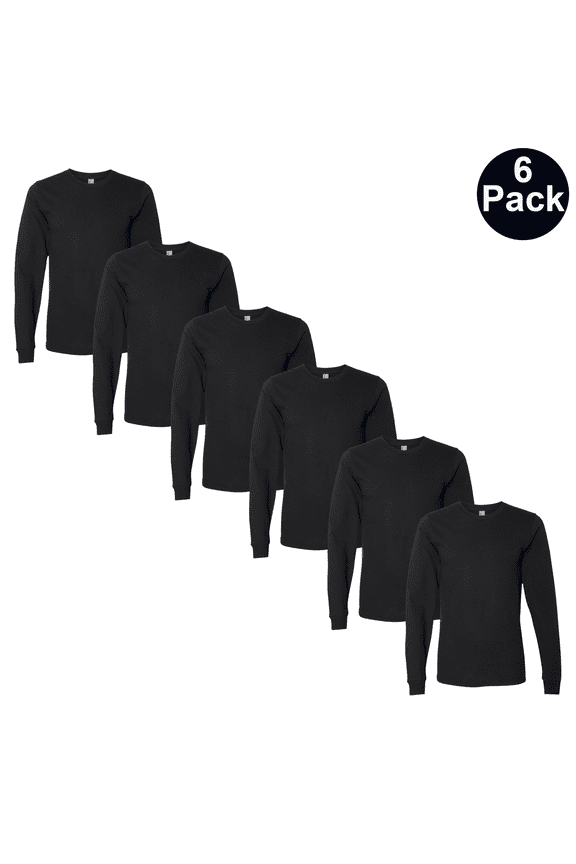 BELLA + CANVAS Men's Jersey T-Shirt, Long Sleeve Crew Neck Casual Bulk Tee, Black Color, 6-Pack, 2XL