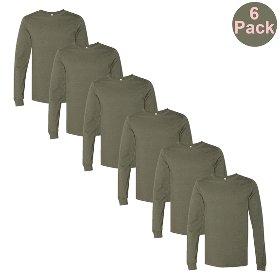 BELLA   CANVAS Men's Jersey T-Shirt, Long Sleeve Crew Neck Casual Tee, Military Green, 6-Pack, 2XL