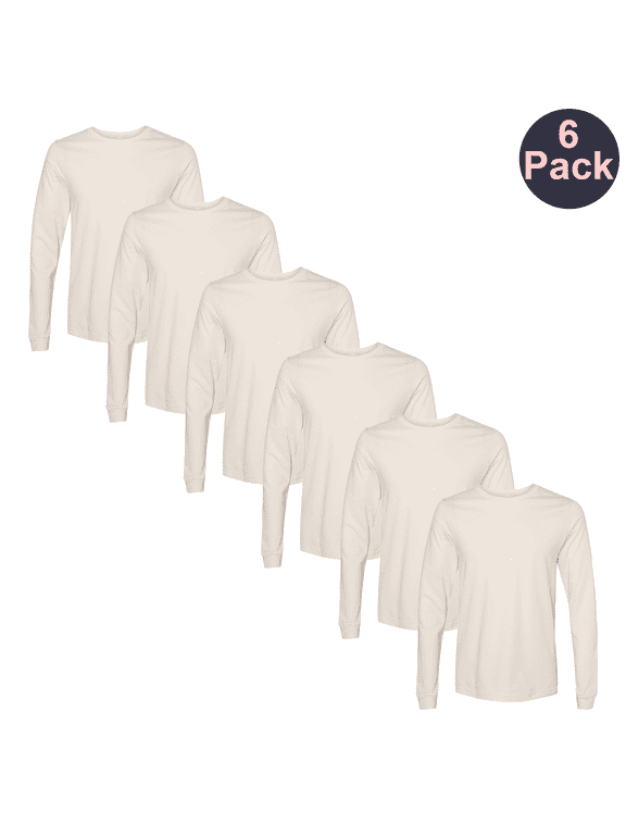 BELLA + CANVAS Men's Long Sleeve Jersey T-Shirt, Durable Crew Neck Natural Color Tee, 6-Pack, 3XL