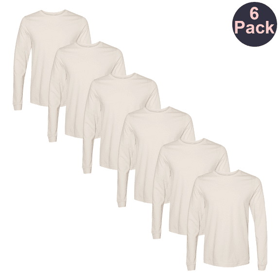 BELLA   CANVAS Men's Long Sleeve Jersey T-Shirt, Durable Crew Neck Natural Color Tee, 6-Pack, M
