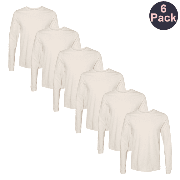 BELLA + CANVAS Men's Long Sleeve Jersey T-Shirt, Durable Crew Neck Natural Color Tee, 6-Pack, S